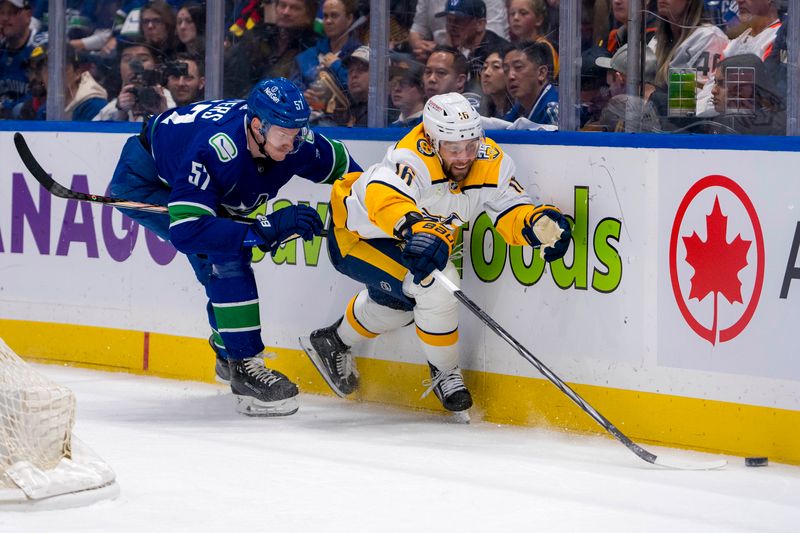 Apr 30, 2024; Vancouver, British Columbia, CAN; Nashville Predators defenseman Dante Fabbro (57) checks Nashville Predators forward Jason Zucker (16) during the second period in game five of the first round of the 2024 Stanley Cup Playoffs at Rogers Arena. Mandatory Credit: Bob Frid-USA TODAY Sports