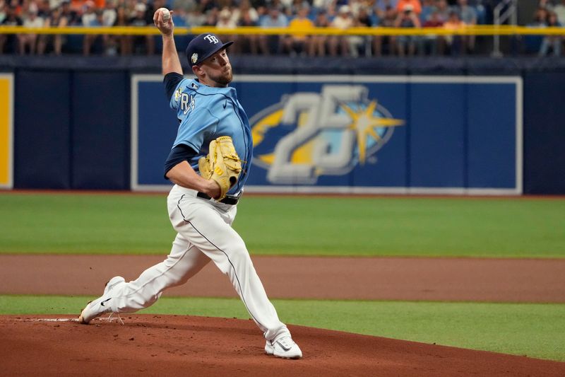 Apr 2, 2023; St. Petersburg, Florida, USA; Tampa Bay Rays starting pitcher Jeffrey Springs (59) throws a pitch against the Detroit Tigers during the first inning at Tropicana Field. Mandatory Credit: Dave Nelson-USA TODAY Sports