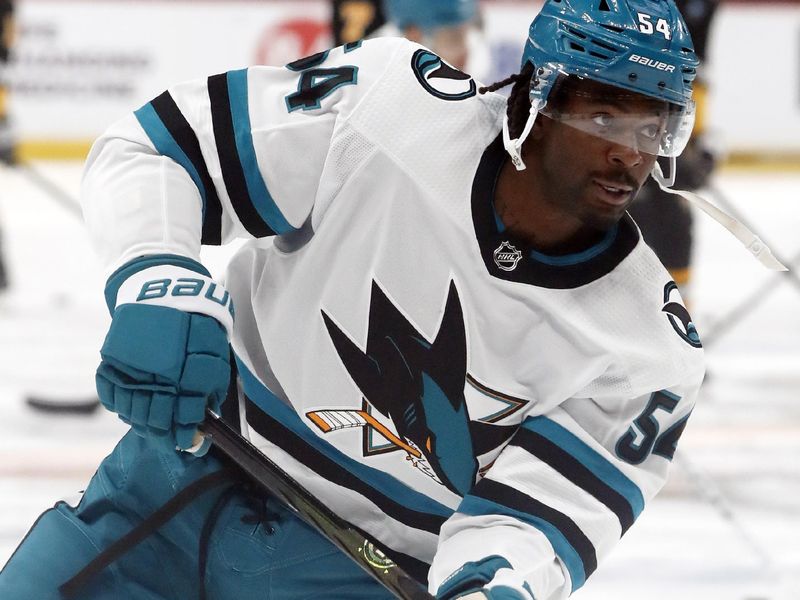 Mar 14, 2024; Pittsburgh, Pennsylvania, USA; San Jose Sharks right wing Givani Smith (54) warms up against the Pittsburgh Penguins at PPG Paints Arena. Mandatory Credit: Charles LeClaire-USA TODAY Sports