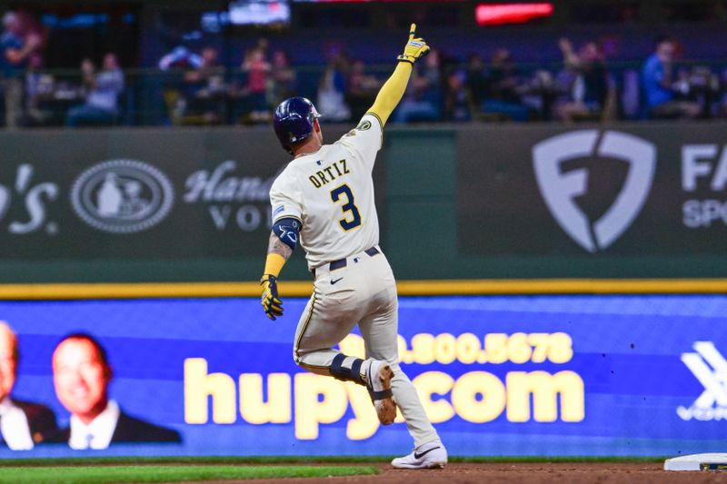 Jun 24, 2025; Milwaukee, Wisconsin, USA;  Milwaukee Brewers shortstop Joey Ortiz (3) reacts after hitting a solo home run in the fourth inning against the Pittsburgh Pirates at American Family Field. Mandatory Credit: Benny Sieu-Imagn Images