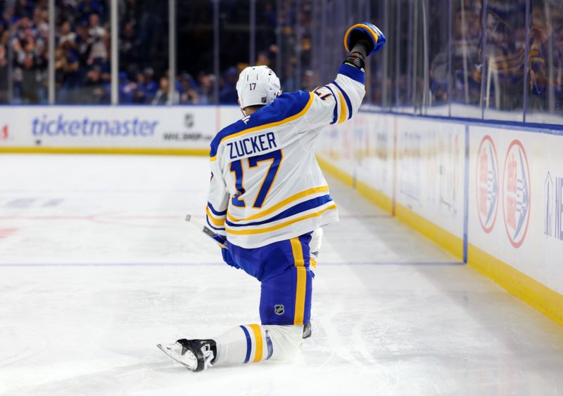 Oct 15, 2025; Buffalo, New York, USA;  Buffalo Sabres left wing Jason Zucker (17) reacts after scoring a goal during the second period against the Ottawa Senators at KeyBank Center. Mandatory Credit: Timothy T. Ludwig-Imagn Images