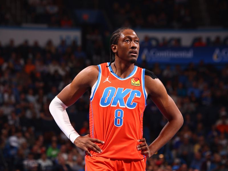 OKLAHOMA CITY, OK - NOVEMBER 15: Jalen Williams #8 of the Oklahoma City Thunder looks on during the game against the Phoenix Suns during the Emirates NBA Cup game on November 15, 2024 at Paycom Center in Oklahoma City, Oklahoma. NOTE TO USER: User expressly acknowledges and agrees that, by downloading and or using this photograph, User is consenting to the terms and conditions of the Getty Images License Agreement. Mandatory Copyright Notice: Copyright 2024 NBAE (Photo by Zach Beeker/NBAE via Getty Images)