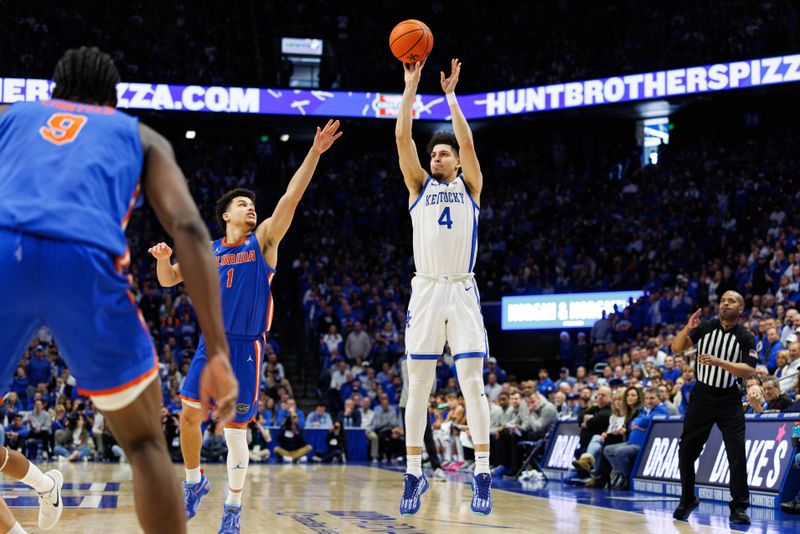 Jan 4, 2025; Lexington, Kentucky, USA; Kentucky Wildcats guard Koby Brea (4) shoots a three-point shot during the second half against the Florida Gators at Rupp Arena at Central Bank Center. Mandatory Credit: Jordan Prather-Imagn Images
