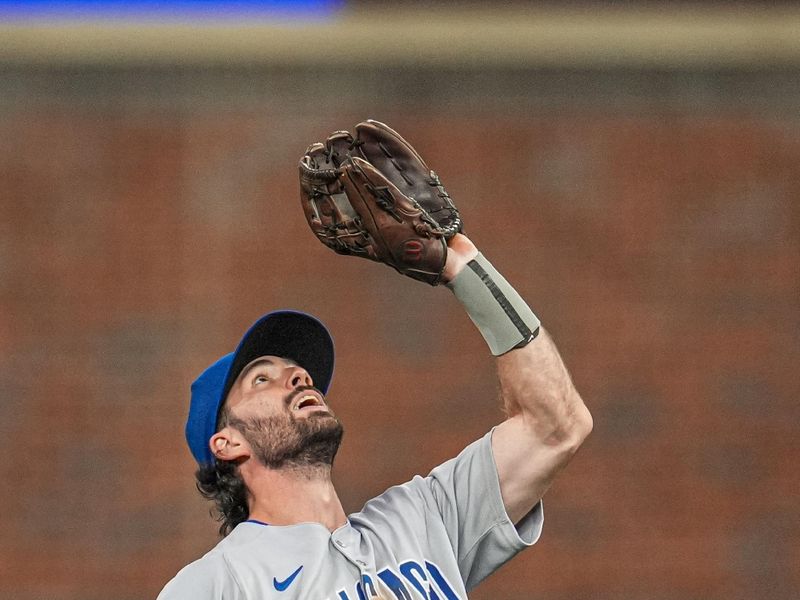 Sep 10, 2025; Cumberland, Georgia, USA; Chicago Cubs shortstop Dansby Swanson (7) catches a pop up hit by Atlanta Braves center fielder Michael Harris II (23) (not shown) during the seventh inning at Truist Park. Mandatory Credit: Dale Zanine-Imagn Images