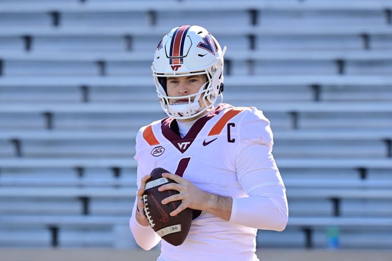 Nov 11, 2023; Chestnut Hill, Massachusetts, USA; Virginia Tech Hokies quarterback Grant Wells (6) warms up before a game against the Boston College Eagles at Alumni Stadium. Mandatory Credit: Eric Canha-USA TODAY Sports