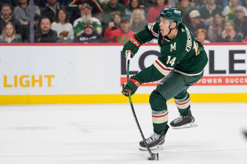 Dec 23, 2025; Saint Paul, Minnesota, USA; Minnesota Wild center Joel Eriksson Ek (14) shoots on Nashville Predators goaltender Juuse Saros (74) in the second period at Grand Casino Arena. Mandatory Credit: Matt Blewett-Imagn Images