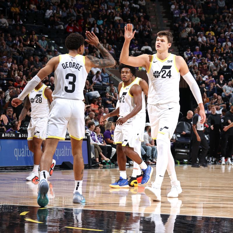 SALT LAKE CITY, UT - OCTOBER 15: Walker Kessler #24 of the Utah Jazz high fives Keyonte George #3 during the game against the Sacramento Kings on October 15, 2024 at Delta Center in Salt Lake City, Utah. NOTE TO USER: User expressly acknowledges and agrees that, by downloading and or using this Photograph, User is consenting to the terms and conditions of the Getty Images License Agreement. Mandatory Copyright Notice: Copyright 2024 NBAE (Photo by Melissa Majchrzak/NBAE via Getty Images)