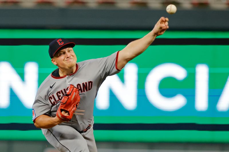 Sep 19, 2025; Minneapolis, Minnesota, USA; Cleveland Guardians starting pitcher Parker Messick (77) throws to the Minnesota Twins in the fourth inning at Target Field. Mandatory Credit: Bruce Kluckhohn-Imagn Images