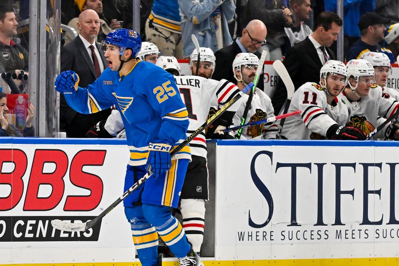 Dec 23, 2023; St. Louis, Missouri, USA;  St. Louis Blues center Jordan Kyrou (25) reacts after scoring against the Chicago Blackhawks during the third period at Enterprise Center. Mandatory Credit: Jeff Curry-USA TODAY Sports