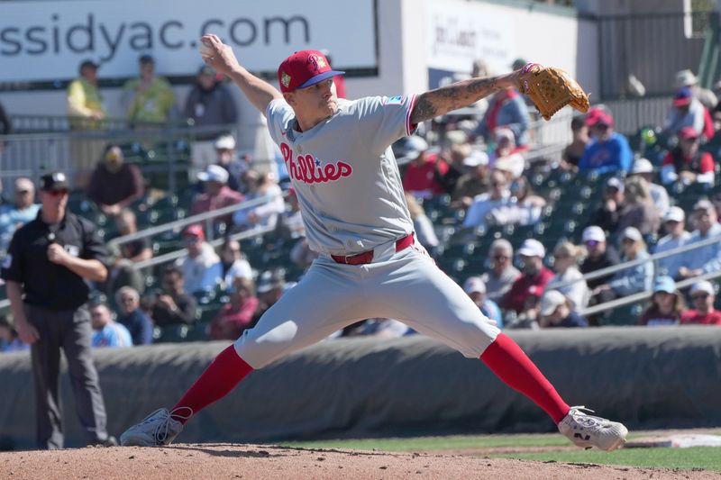 Feb 24, 2026; Jupiter, Florida, USA;  Philadelphia Phillies pitcher Nolan Hoffman (47) pitches in the third inning against the Miami Marlins at Roger Dean Chevrolet Stadium. Mandatory Credit: Jim Rassol-Imagn Images