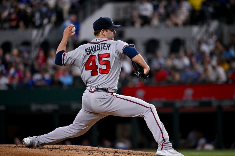 May 16, 2023; Arlington, Texas, USA; Atlanta Braves starting pitcher Jared Shuster (45) pitches against the Texas Rangers during the third inning at Globe Life Field. Mandatory Credit: Jerome Miron-USA TODAY Sports