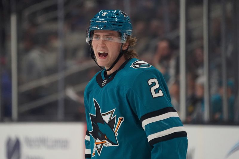 Mar 6, 2026; San Jose, California, USA; San Jose Sharks center Will Smith (2) communicates with teammates during warm up before the game against the St. Louis Blues at SAP Center at San Jose. Mandatory Credit: David Gonzales-Imagn Images