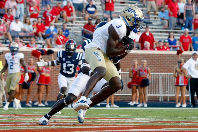 Sep 24, 2022; Oxford, Mississippi, USA; Tulsa Golden Hurricane wide receiver Isaiah Epps (3) catches a touchdown during the second half against the Mississippi Rebels at Vaught-Hemingway Stadium. Mandatory Credit: Petre Thomas-USA TODAY Sports