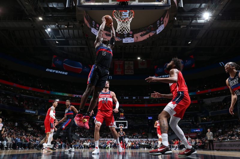 WASHINGTON, DC -? MARCH 29:  Jalen Duren #0 of the Detroit Pistons goes to the basket during the game on March 29, 2024 at Capital One Arena in Washington, DC. NOTE TO USER: User expressly acknowledges and agrees that, by downloading and or using this Photograph, user is consenting to the terms and conditions of the Getty Images License Agreement. Mandatory Copyright Notice: Copyright 2024 NBAE (Photo by Stephen Gosling/NBAE via Getty Images)