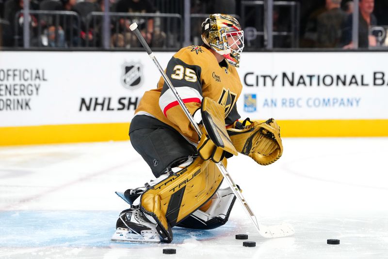 Oct 11, 2024; Las Vegas, Nevada, USA; Vegas Golden Knights goaltender Ilya Samsonov (35) warms up before a game against the St. Louis Blues at T-Mobile Arena. Mandatory Credit: Stephen R. Sylvanie-Imagn Images