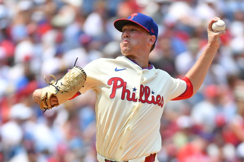 Jul 28, 2024; Philadelphia, Pennsylvania, USA; Philadelphia Phillies pitcher Kolby Allard (49) throws a pitch against the Cleveland Guardians during the first inning at Citizens Bank Park. Mandatory Credit: Eric Hartline-USA TODAY Sports