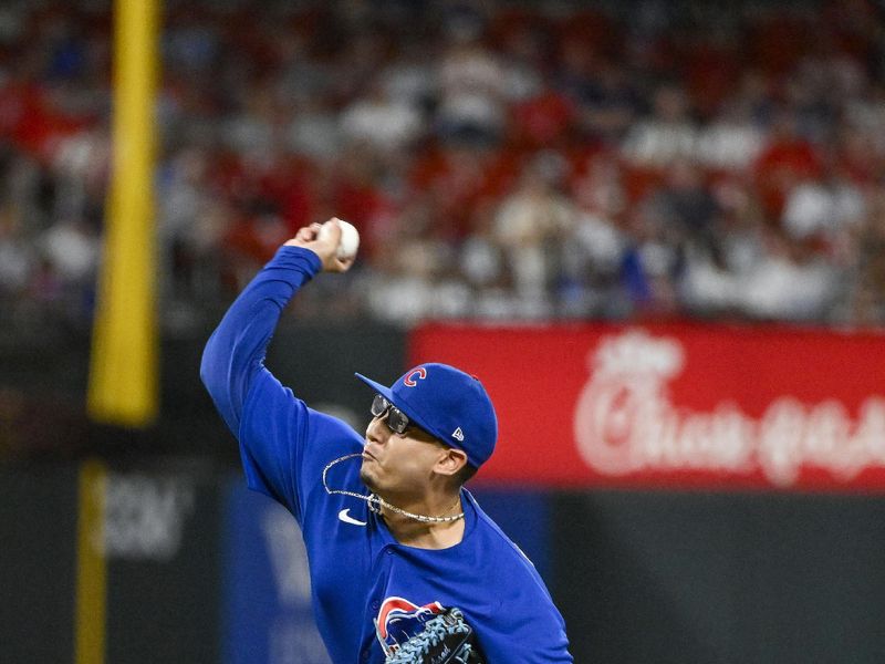 Jul 29, 2023; St. Louis, Missouri, USA;  Chicago Cubs relief pitcher Javier Assad (72) pitches against the St. Louis Cardinals during the eighth inning at Busch Stadium. Mandatory Credit: Jeff Curry-USA TODAY Sports