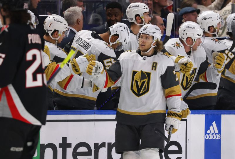 Mar 2, 2024; Buffalo, New York, USA;  Vegas Golden Knights center William Karlsson (71) celebrates his goal with teammates during the second period against the Buffalo Sabres at KeyBank Center. Mandatory Credit: Timothy T. Ludwig-USA TODAY Sports