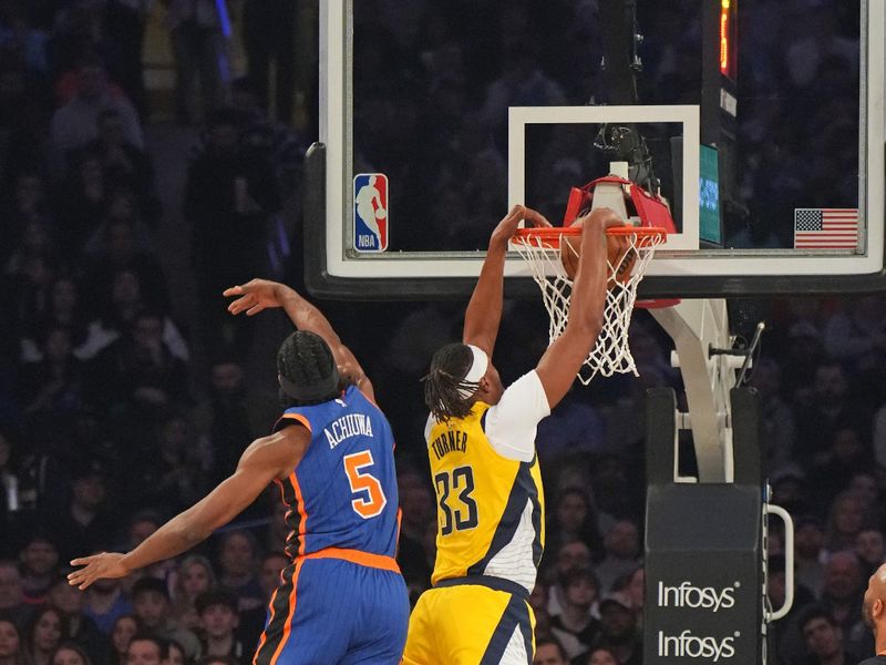 NEW YORK, NY - FEBRUARY 10 (EDITORS NOTE: Dunk sequence 2 of 3: Myles Turner #33 of the Indiana Pacers dunks the ball during the game against the New York Knicks on February 10, 2024 at Madison Square Garden in New York City, New York.  NOTE TO USER: User expressly acknowledges and agrees that, by downloading and or using this photograph, User is consenting to the terms and conditions of the Getty Images License Agreement. Mandatory Copyright Notice: Copyright 2024 NBAE  (Photo by Jesse D. Garrabrant/NBAE via Getty Images)