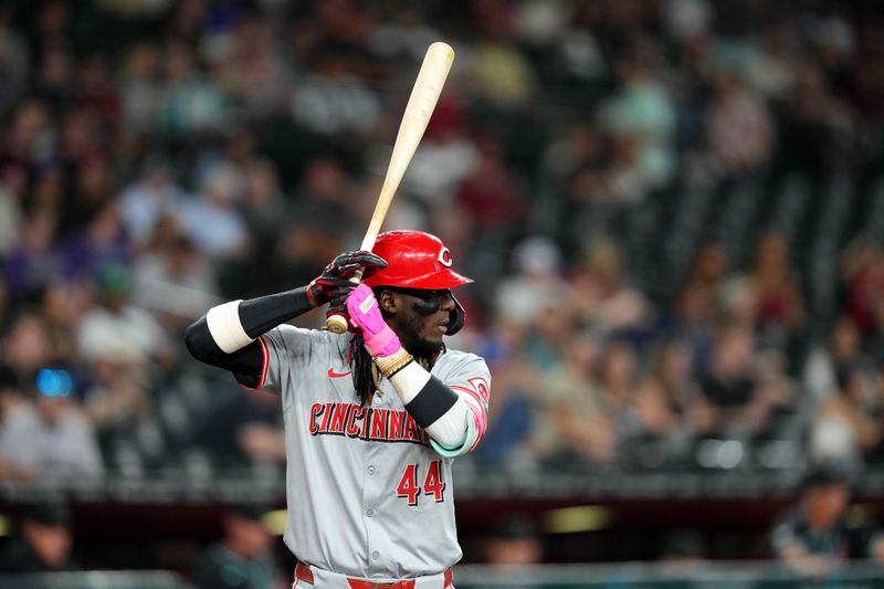 May 13, 2024; Phoenix, Arizona, USA; Cincinnati Reds shortstop Elly De La Cruz (44) bats against the Arizona Diamondbacks during the first inning at Chase Field. Mandatory Credit: Joe Camporeale-USA TODAY Sports