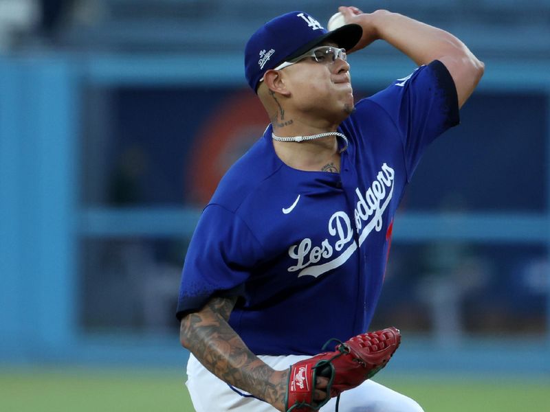 Aug 3, 2023; Los Angeles, California, USA;  Los Angeles Dodgers starting pitcher Julio Urias (7) pitches during the second inning against the Oakland Athletics at Dodger Stadium. Mandatory Credit: Kiyoshi Mio-USA TODAY Sports