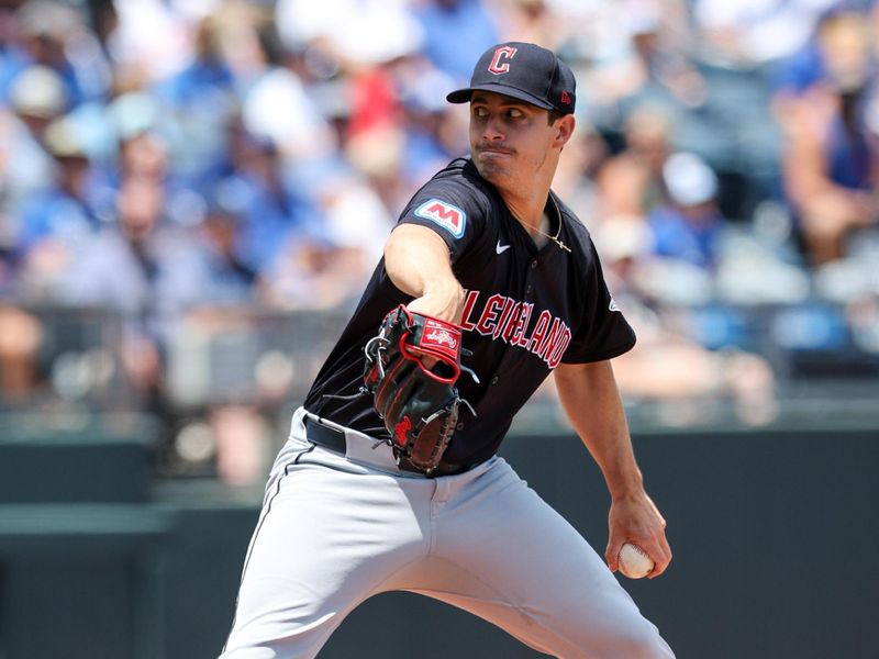 Jun 30, 2024; Kansas City, Missouri, USA; Cleveland Guardians pitcher Logan Allen (41) throws a pitch during the second inning against the Kansas City Royals at Kauffman Stadium. Mandatory Credit: William Purnell-USA TODAY Sports