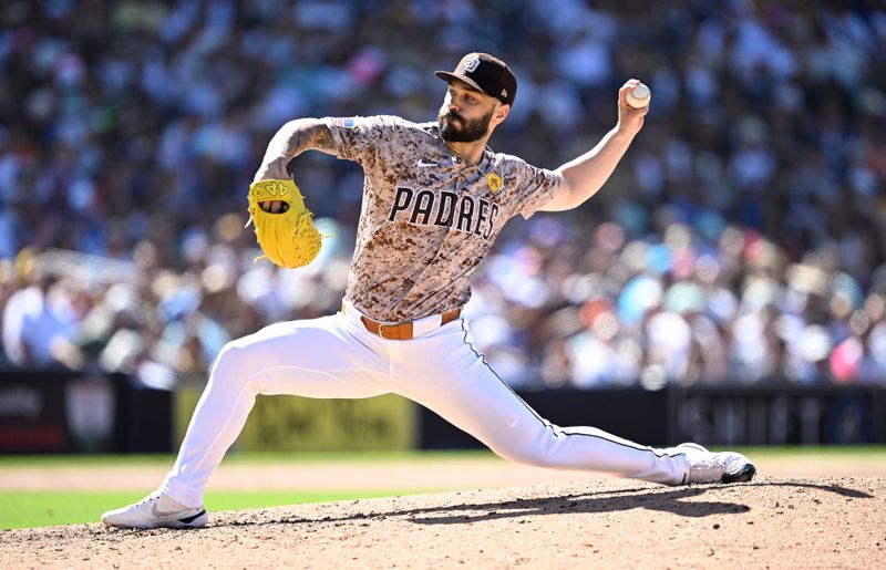 Aug 25, 2024; San Diego, California, USA; San Diego Padres relief pitcher Tanner Scott (66) pitches against the New York Mets during the eighth inning at Petco Park. Mandatory Credit: Orlando Ramirez-USA TODAY Sports