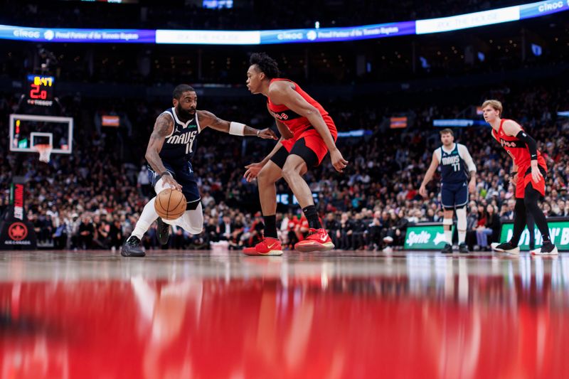 TORONTO, CANADA - FEBRUARY 28: Kyrie Irving #11 of the Dallas Mavericks dribbles the ball against Scottie Barnes #4 of the Toronto Raptors in the first half of their NBA game at Scotiabank Arena on February 28, 2024 in Toronto, Canada. NOTE TO USER: User expressly acknowledges and agrees that, by downloading and or using this photograph, User is consenting to the terms and conditions of the Getty Images License Agreement. (Photo by Cole Burston/Getty Images)