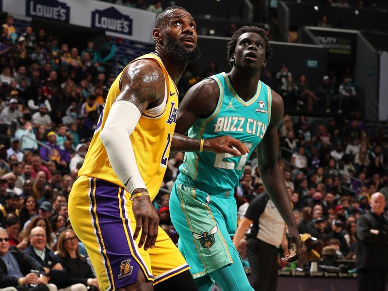 CHARLOTTE, NC - FEBRUARY 5: LeBron James #23 of the Los Angeles Lakers and JT Thor #21 of the Charlotte Hornets battle for position on February 5, 2024 at Spectrum Center in Charlotte, North Carolina. NOTE TO USER: User expressly acknowledges and agrees that, by downloading and or using this photograph, User is consenting to the terms and conditions of the Getty Images License Agreement. Mandatory Copyright Notice: Copyright 2024 NBAE (Photo by Kent Smith/NBAE via Getty Images)