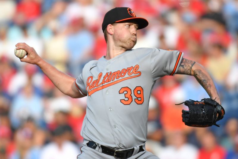 Jul 26, 2023; Philadelphia, Pennsylvania, USA; Baltimore Orioles starting pitcher Kyle Bradish (39) throws a pitch during the first inning against the Philadelphia Phillies at Citizens Bank Park. Mandatory Credit: Eric Hartline-USA TODAY Sports