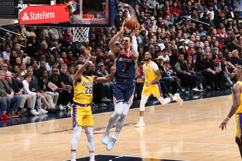 WASHINGTON, DC -? APRIL 3: Patrick Baldwin #7 of the Washington Wizards drives to the basket during the game against the Los Angeles Lakers on April 3, 2024 at Capital One Arena in Washington, DC. NOTE TO USER: User expressly acknowledges and agrees that, by downloading and or using this Photograph, user is consenting to the terms and conditions of the Getty Images License Agreement. Mandatory Copyright Notice: Copyright 2024 NBAE (Photo by Stephen Gosling/NBAE via Getty Images)