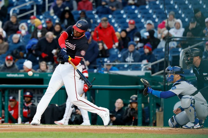 Apr 8, 2025; Washington, District of Columbia, USA; Washington Nationals outfielder James Wood (29) hits a two run home run against the Los Angeles Dodgers during the first inning at Nationals Park. Mandatory Credit: Geoff Burke-Imagn Images