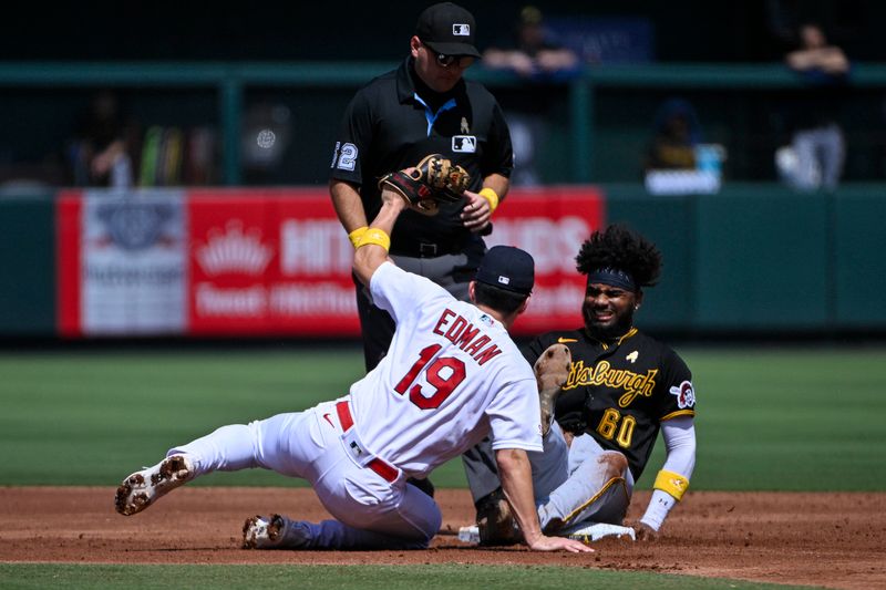 Sep 3, 2023; St. Louis, Missouri, USA;  St. Louis Cardinals shortstop Tommy Edman (19) tags out Pittsburgh Pirates shortstop Liover Peguero (60) during the second inning at Busch Stadium. Mandatory Credit: Jeff Curry-USA TODAY Sports