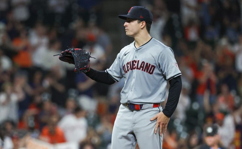 May 2, 2024; Houston, Texas, USA; Cleveland Guardians starting pitcher Logan Allen (41) reacts after giving up a home run to Houston Astros first baseman Jon Singleton (not pictured) during the sixth inning at Minute Maid Park. Mandatory Credit: Troy Taormina-USA TODAY Sports