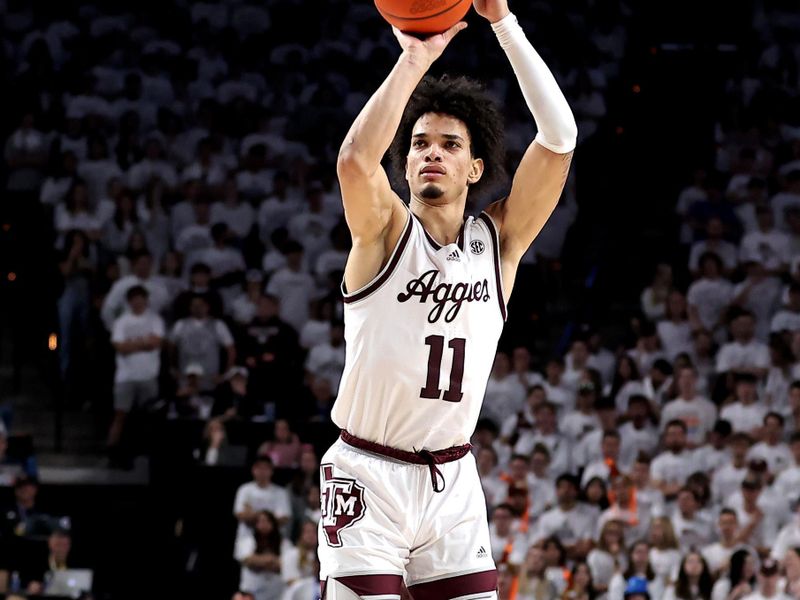 Jan 18, 2023; College Station, Texas, USA; Texas A&M Aggies forward Andersson Garcia (11) takes a three-point shot against the Florida Gators during the second half at Reed Arena. Mandatory Credit: Erik Williams-USA TODAY Sports
