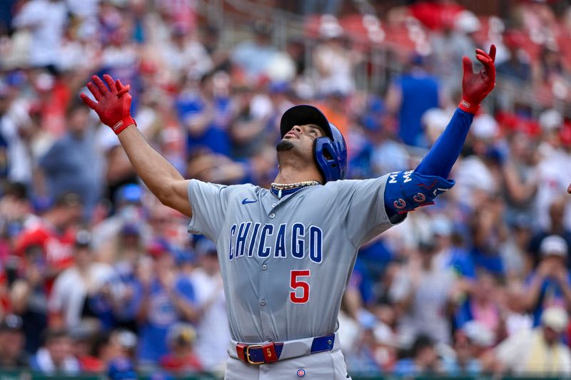 Jul 14, 2024; St. Louis, Missouri, USA;  Chicago Cubs designated hitter Christopher Morel (5) reacts as he runs the bases after hitting a solo home run against the St. Louis Cardinals during the eighth inning at Busch Stadium. Mandatory Credit: Jeff Curry-USA TODAY Sports