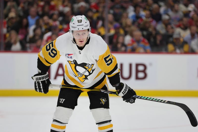 Dec 8, 2023; Sunrise, Florida, USA; Pittsburgh Penguins left wing Jake Guentzel (59) looks on against the Florida Panthers first period at Amerant Bank Arena. Mandatory Credit: Sam Navarro-USA TODAY Sports