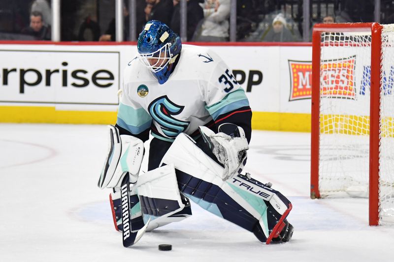 Feb 10, 2024; Philadelphia, Pennsylvania, USA; Seattle Kraken goaltender Joey Daccord (35) allows goal by Philadelphia Flyers center Ryan Poehling (25) (not pictured) during the first period at Wells Fargo Center. Mandatory Credit: Eric Hartline-USA TODAY Sports