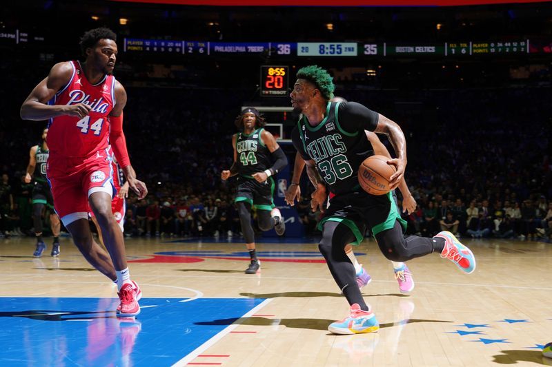 PHILADELPHIA, PA - MAY 5: Marcus Smart #36 of the Boston Celtics drives to the basket during Round 2 Game 3 of the Eastern Conference Semi-Finals 2023 NBA Playoffs against the Philadelphia 76ers on May 5, 2023 at the Wells Fargo Center in Philadelphia, Pennsylvania NOTE TO USER: User expressly acknowledges and agrees that, by downloading and/or using this Photograph, user is consenting to the terms and conditions of the Getty Images License Agreement. Mandatory Copyright Notice: Copyright 2023 NBAE (Photo by Jesse D. Garrabrant/NBAE via Getty Images)