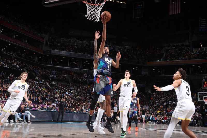 BROOKLYN, NY - JANUARY 29: Mikal Bridges #1 of the Brooklyn Nets drives to the basket during the game against the Utah Jazz on January 29, 2024 at Barclays Center in Brooklyn, New York. NOTE TO USER: User expressly acknowledges and agrees that, by downloading and or using this Photograph, user is consenting to the terms and conditions of the Getty Images License Agreement. Mandatory Copyright Notice: Copyright 2024 NBAE (Photo by Nathaniel S. Butler/NBAE via Getty Images)