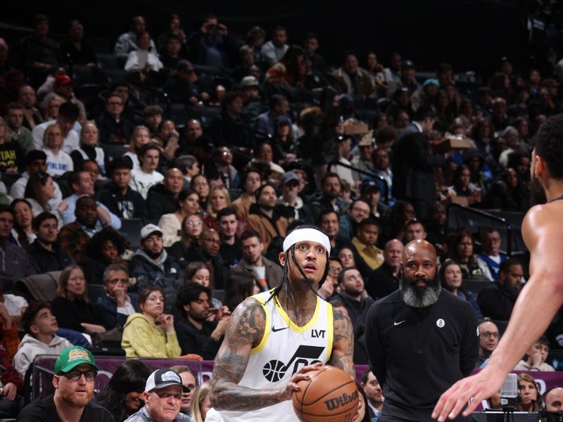 BROOKLYN, NY - JANUARY 29: Jordan Clarkson #00 of the Utah Jazz shoots the ball during the game against the Brooklyn Nets on January 29, 2024 at Barclays Center in Brooklyn, New York. NOTE TO USER: User expressly acknowledges and agrees that, by downloading and or using this Photograph, user is consenting to the terms and conditions of the Getty Images License Agreement. Mandatory Copyright Notice: Copyright 2024 NBAE (Photo by Nathaniel S. Butler/NBAE via Getty Images)