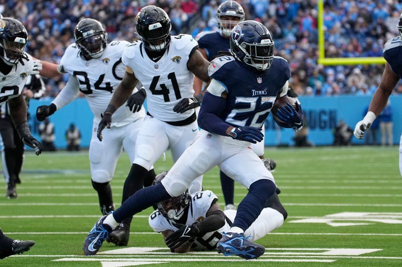 Tennessee Titans running back Derrick Henry (22) runs for a touchdown against the Jacksonville Jaguars during the first half of an NFL football game Sunday, Jan. 7, 2024, in Nashville, Tenn. (AP Photo/George Walker IV)