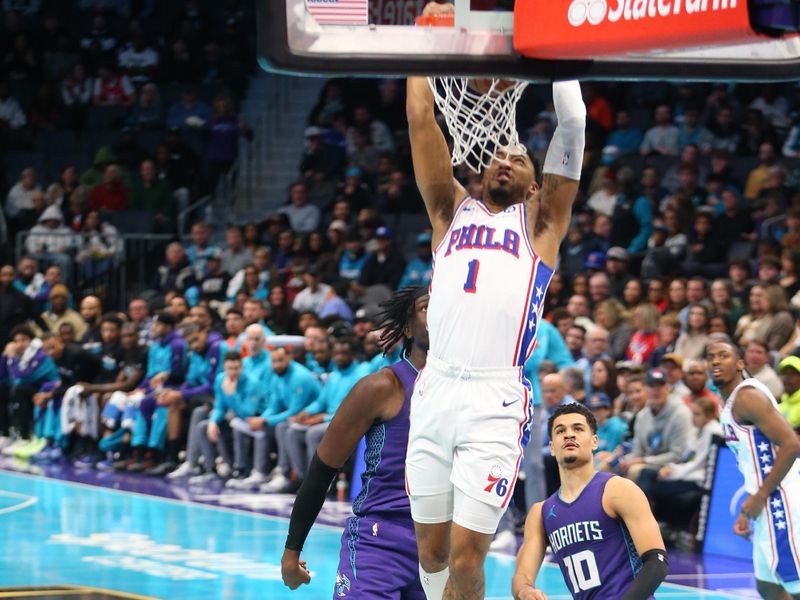 CHARLOTTE, NC - DECEMBER 3: KJ Martin #1 of the Philadelphia 76ers dunks the ball during the game against the Charlotte Hornets during an NBA Emirates Cup game on December 3, 2024 at Spectrum Center in Charlotte, North Carolina. NOTE TO USER: User expressly acknowledges and agrees that, by downloading and or using this photograph, User is consenting to the terms and conditions of the Getty Images License Agreement. Mandatory Copyright Notice: Copyright 2024 NBAE (Photo by Kent Smith/NBAE via Getty Images)