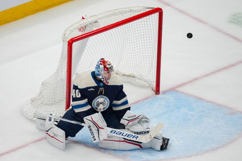 Apr 4, 2024; Columbus, Ohio, USA;  Columbus Blue Jackets goaltender Daniil Tarasov (40) makes a save in net against the New York Islanders in the first period at Nationwide Arena. Mandatory Credit: Aaron Doster-USA TODAY Sports