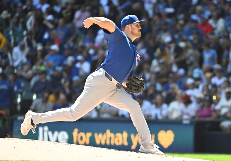 May 30, 2024; Milwaukee, Wisconsin, USA; Chicago Cubs starting pitcher Jameson Taillon (50) delivers a pitch against the Milwaukee Brewers in the sixth inning at American Family Field. Mandatory Credit: Michael McLoone-USA TODAY Sports