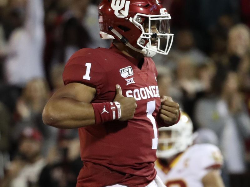 Nov 9, 2019; Norman, OK, USA; Oklahoma Sooners quarterback Jalen Hurts (1) reacts after scoring a touchdown during the first quarter against the Iowa State Cyclones at Gaylord Family - Oklahoma Memorial Stadium. Mandatory Credit: Kevin Jairaj-USA TODAY Sports