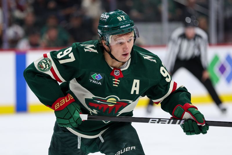 Sep 30, 2025; Saint Paul, Minnesota, USA; Minnesota Wild forward Kirill Kaprizov (97) in action against the Winnipeg Jets during the second period at Grand Casino Arena. Mandatory Credit: Matt Krohn-Imagn Images