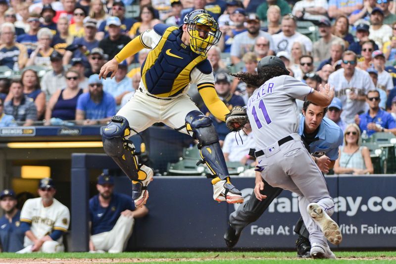 Aug 9, 2023; Milwaukee, Wisconsin, USA; Milwaukee Brewers catcher William Contreras (24) tags out Colorado Rockies right fielder Cole Tucker (11) trying to score in the tenth inning at American Family Field. Mandatory Credit: Benny Sieu-USA TODAY Sports