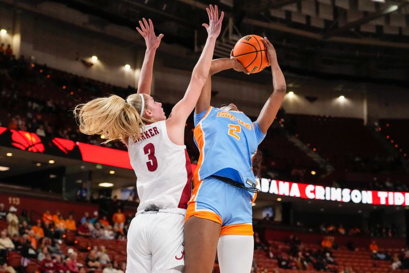 Mar 8, 2024; Greensville, SC, USA; Tennessee Lady Vols forward Rickea Jackson (2) shoots against Alabama Crimson Tide guard Sarah Ashlee Barker (3) during the second half at Bon Secours Wellness Arena. Mandatory Credit: Jim Dedmon-USA TODAY Sports