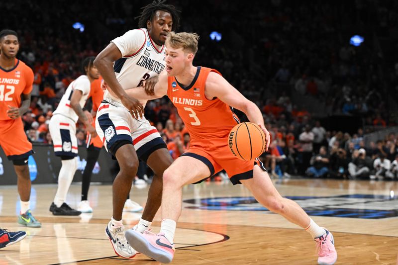 Mar 30, 2024; Boston, MA, USA;Illinois Fighting Illini forward Marcus Domask (3) dribbles the ball against Connecticut Huskies guard Tristen Newton (2) in the finals of the East Regional of the 2024 NCAA Tournament at TD Garden. Mandatory Credit: Brian Fluharty-USA TODAY Sports